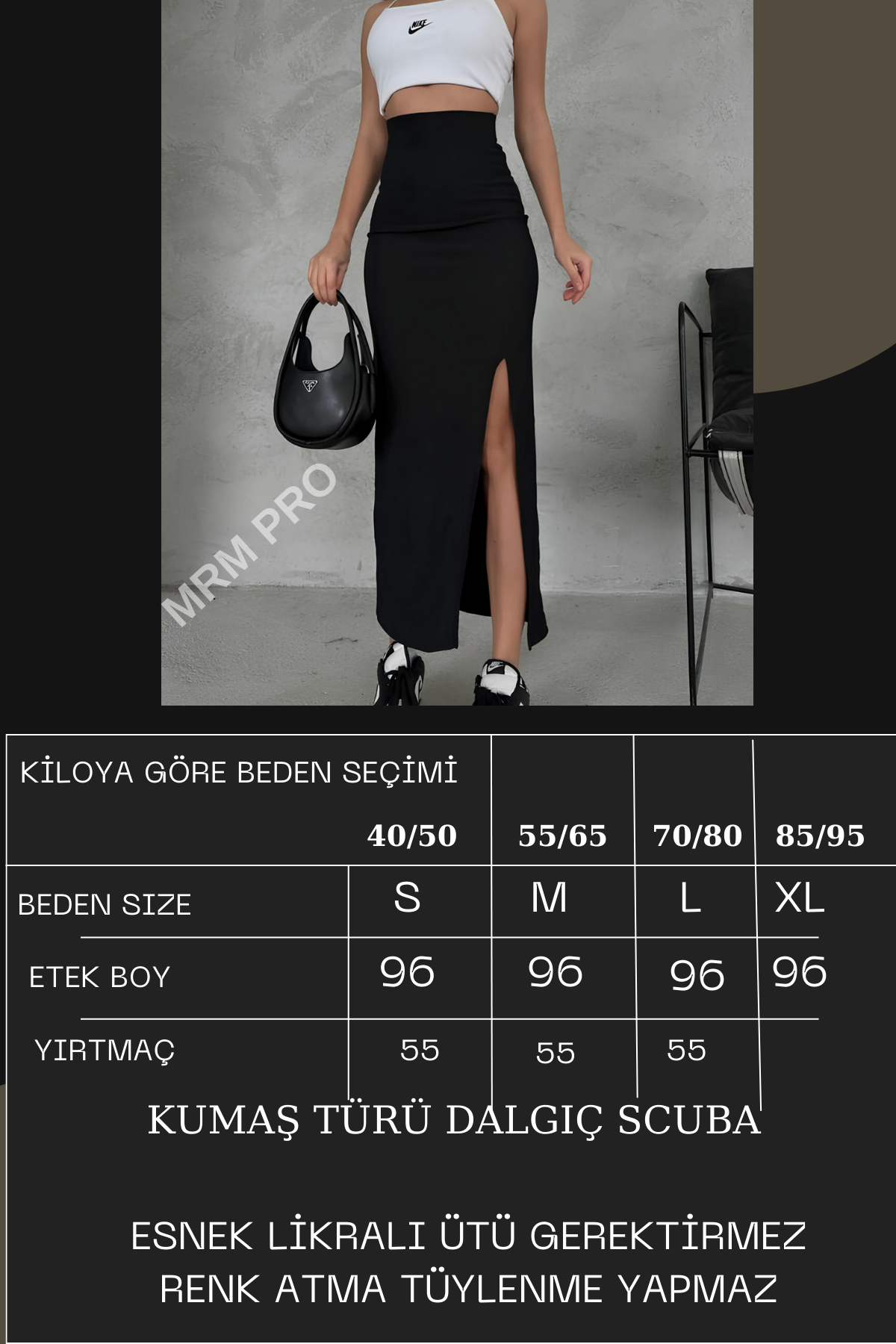 Ekru Yırtmaçlı Uzun Kalem Etek – Toparlayıcı Korse Kemerli, Esnek Dalgıç Kumaş, 96 cm Maxi Boy