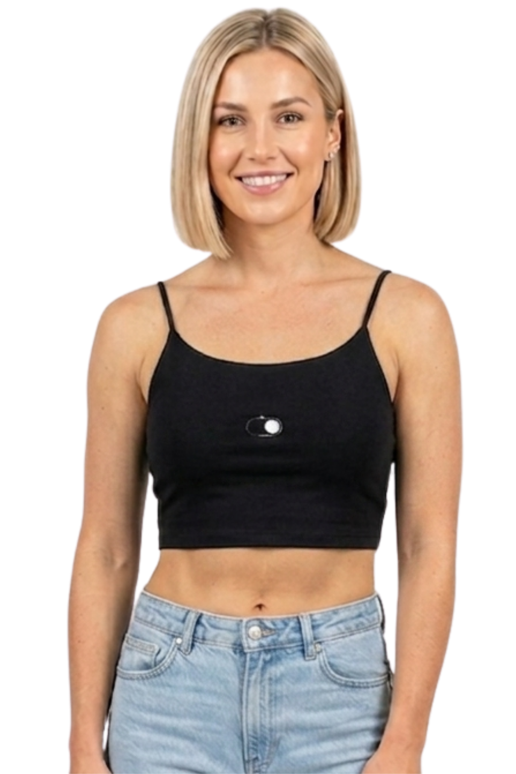 Kadın Siyah İp Askılı Crop Atlet Esnek Fit Nakışlı Crop Top Büstiyer Ön Kısım Çift