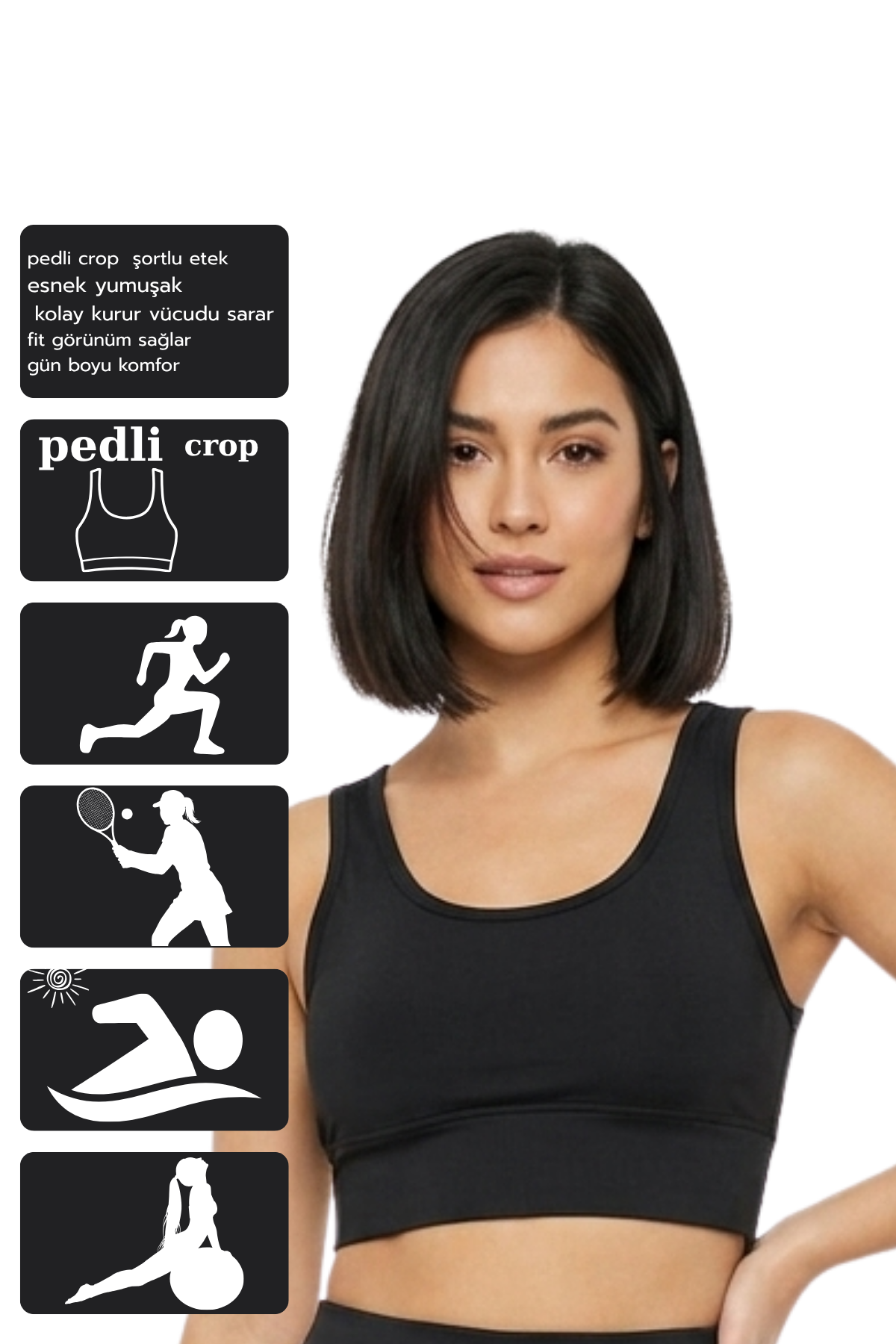 Kadın Siyah Spor Crop Sütyen Pedli Destekli Toparlayıcı Büstiyer