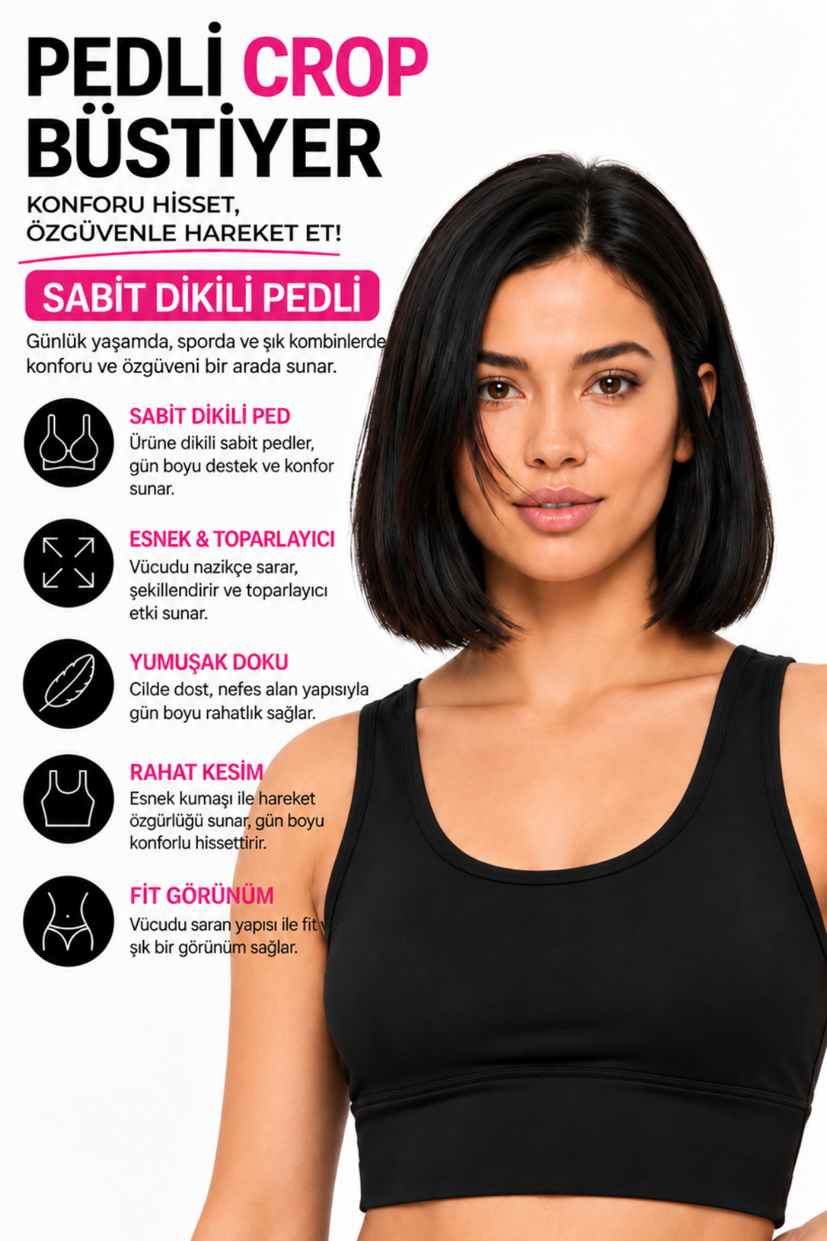 Kadın Siyah Spor Crop Sütyen Pedli Destekli Toparlayıcı Büstiyer