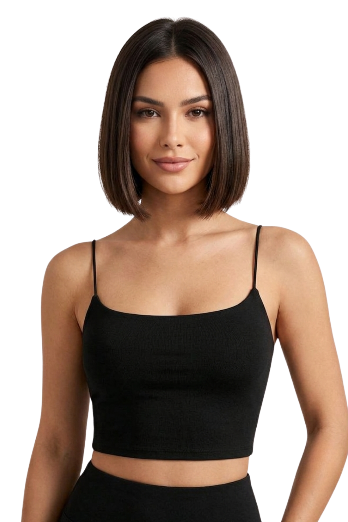 Kadın Siyah İp Askılı Crop Atlet Esnek Fit Nakışlı Crop Top Büstiyer Ön Kısım Çift