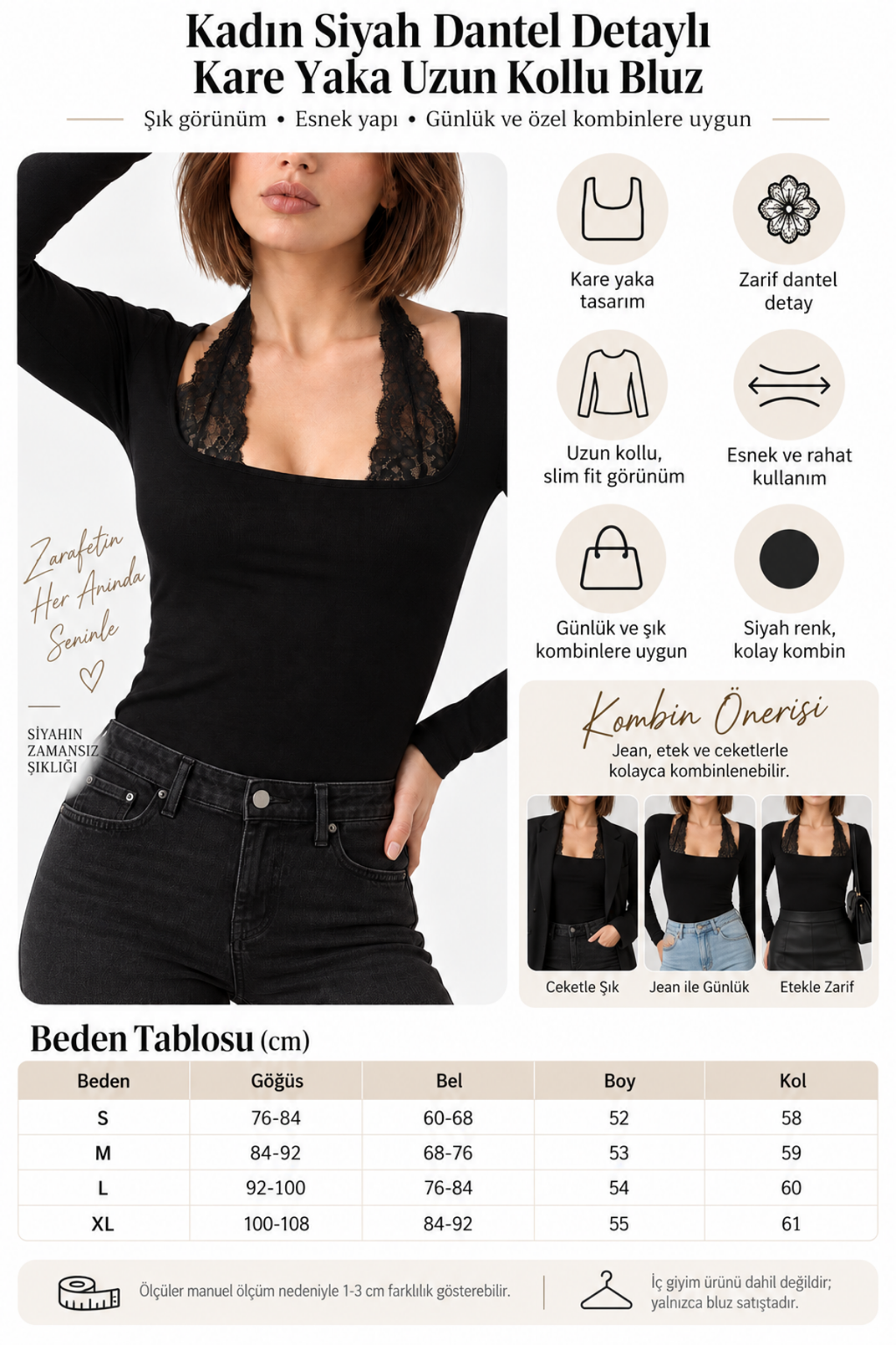Kadın Siyah Dantel Detaylı Kare Yaka Uzun Kollu Slim Fit Bluz