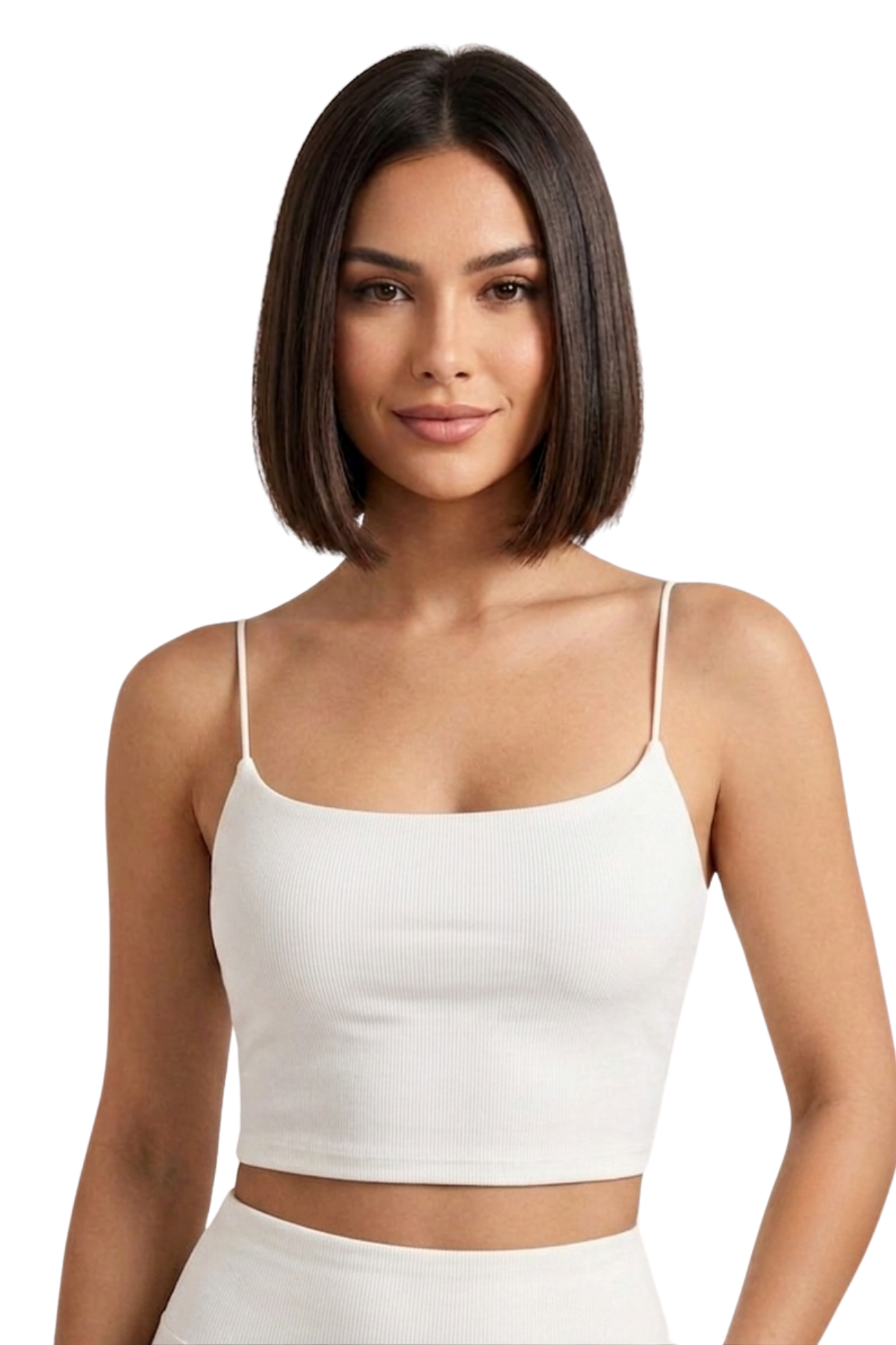 Kadın Beyaz İp Askılı Crop Atlet Esnek Fit Nakışlı Crop Top Büstiyer Ön Kısım Çift