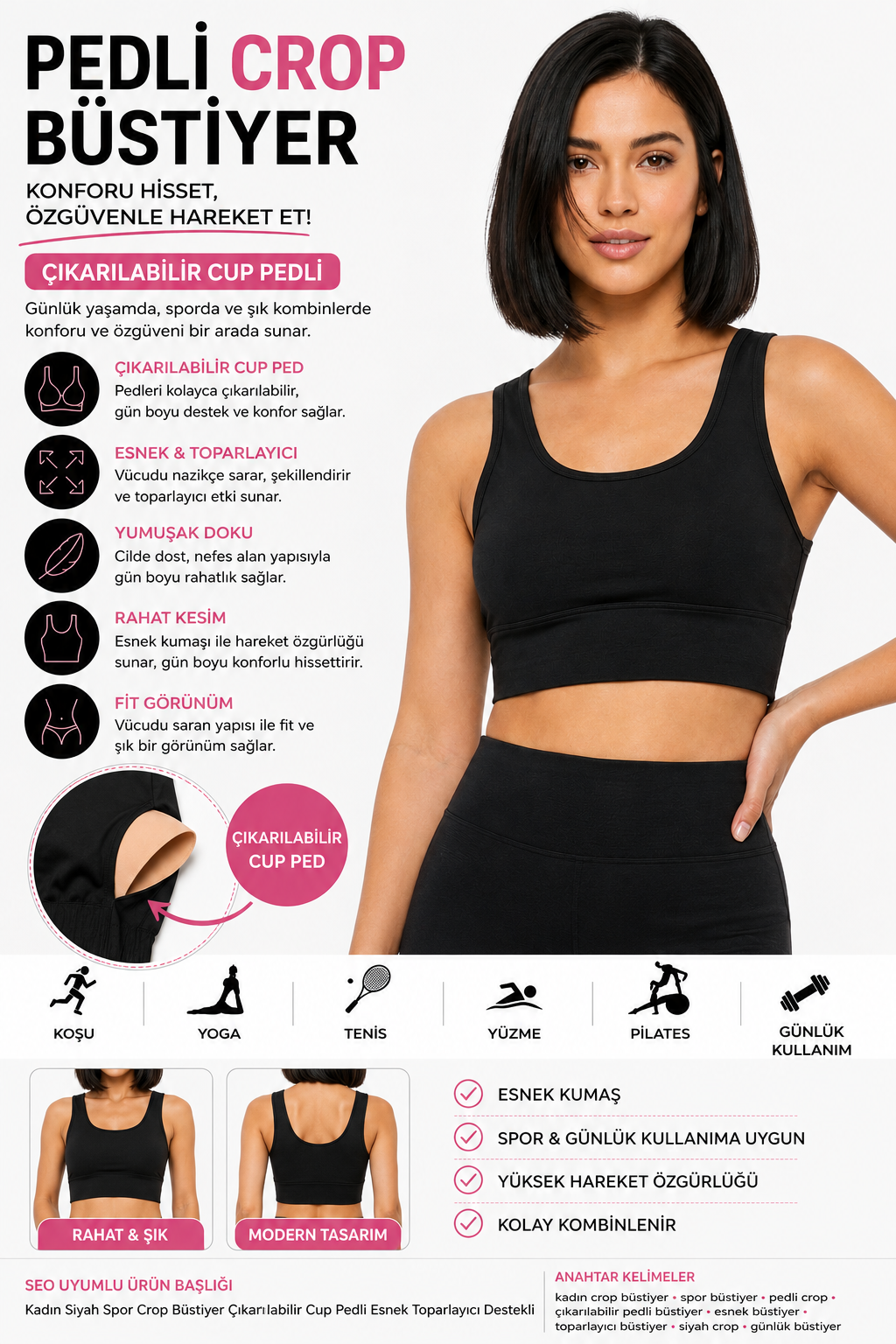 Kadın Siyah Spor Crop Sütyen Pedli Destekli Toparlayıcı Büstiyer
