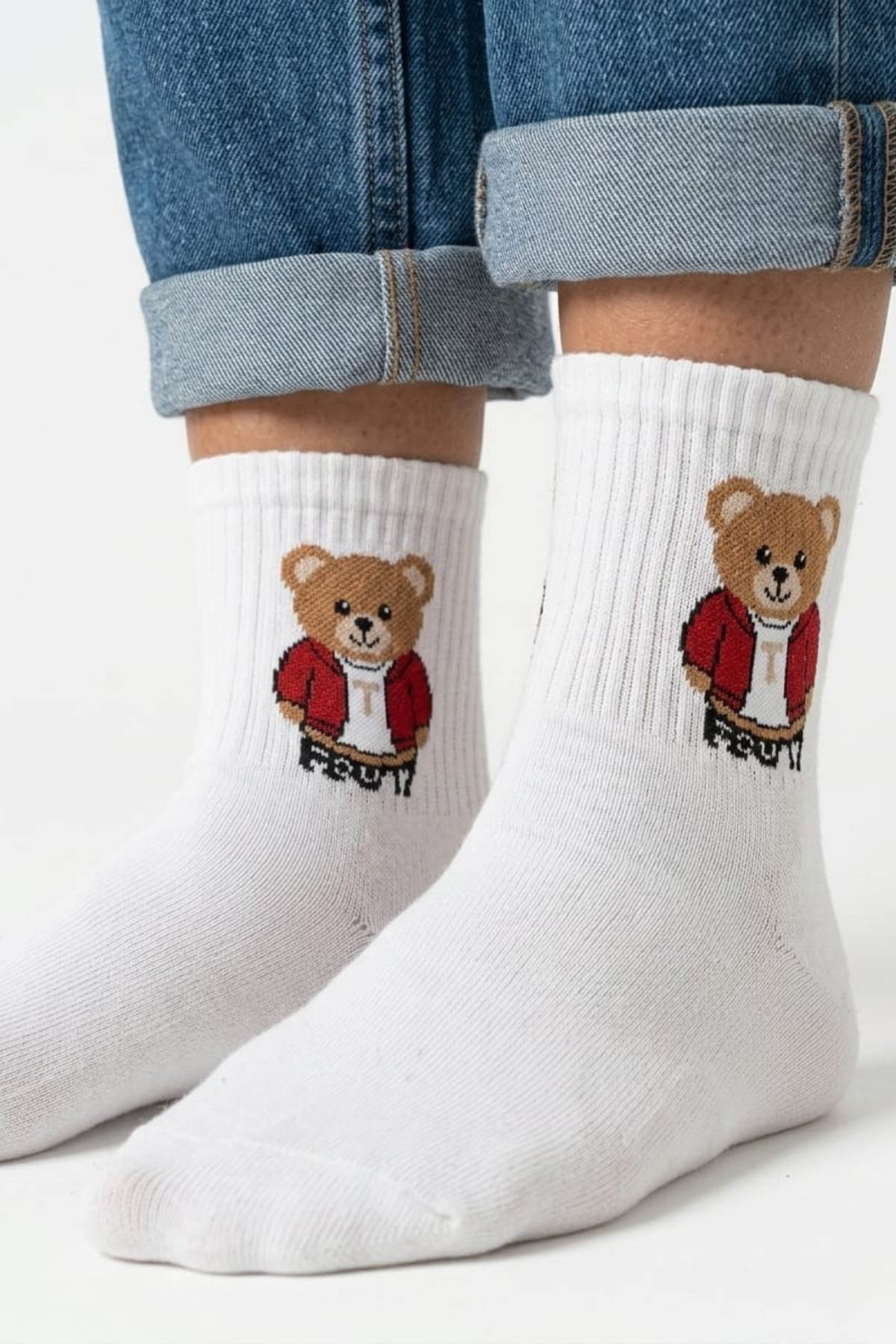 Kadın Beyaz Ayıcık Desenli Orta Boy Çorap Pamuklu Günlük Spor Sneaker Çorabı 4 Çift