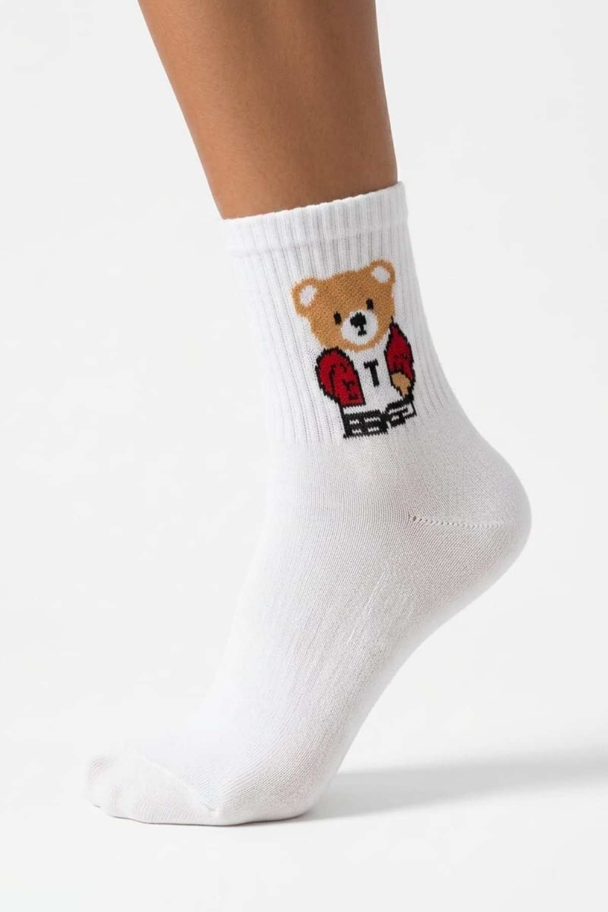 Kadın Beyaz Ayıcık Desenli Orta Boy Çorap Pamuklu Günlük Spor Sneaker Çorabı 4 Çift