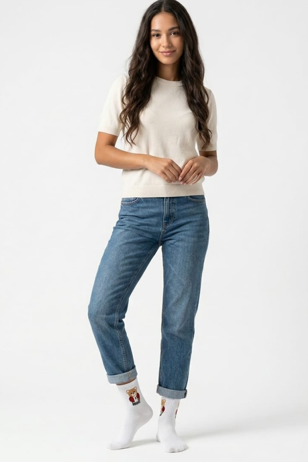 Kadın Beyaz Ayıcık Kalp Desenli Orta Boy Çorap Pamuklu Günlük Spor Sneaker Çorabı 4 Lü