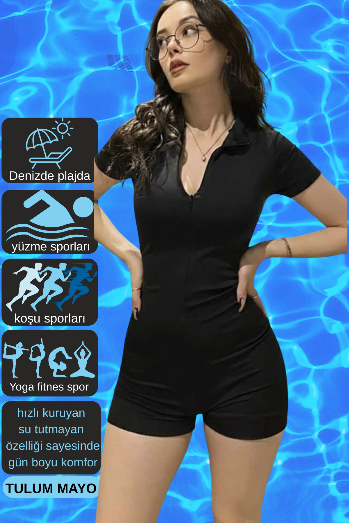 Siyah Esnek Kısa Kollu Kısa Tulum Romper Spor Koşu