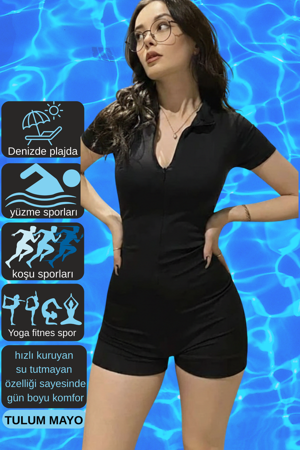 Siyah Esnek Kısa Kollu Kısa Tulum Romper Spor Koşu