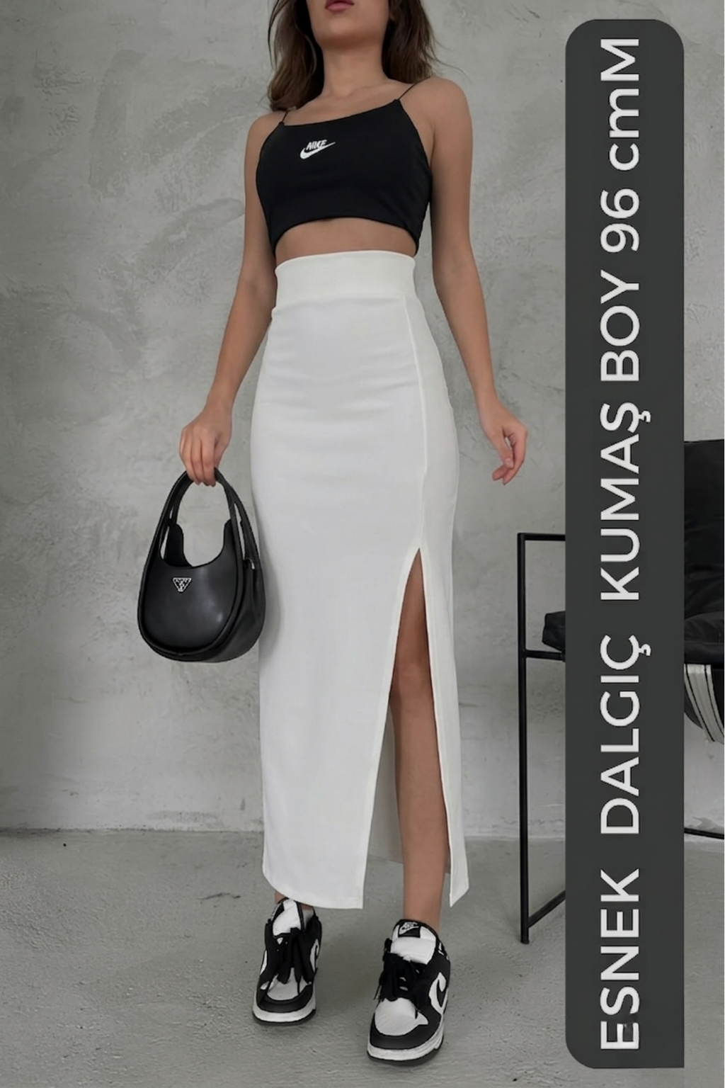 Ekru Yırtmaçlı Uzun Kalem Etek – Toparlayıcı Korse Kemerli, Esnek Dalgıç Kumaş, 96 cm Maxi Boy