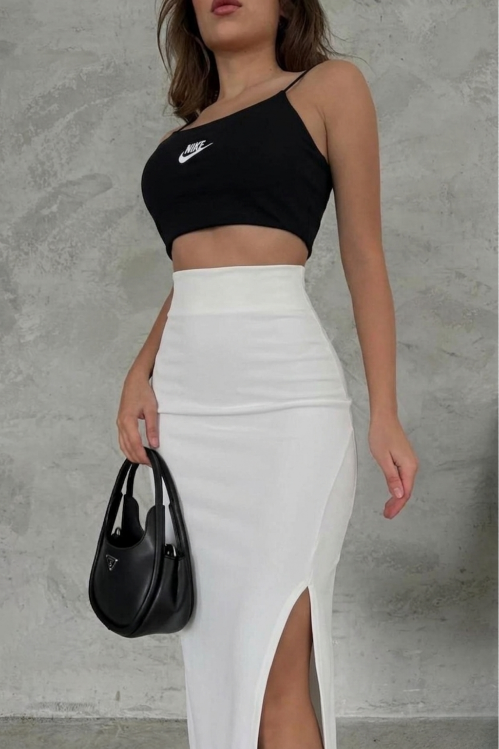 Ekru Yırtmaçlı Uzun Kalem Etek – Toparlayıcı Korse Kemerli, Esnek Dalgıç Kumaş, 96 cm Maxi Boy