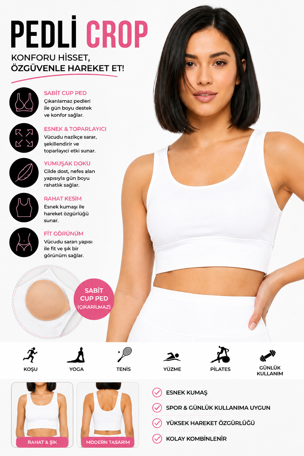 Kadın Siyah Spor Crop Sütyen Pedli Destekli Toparlayıcı Büstiyer