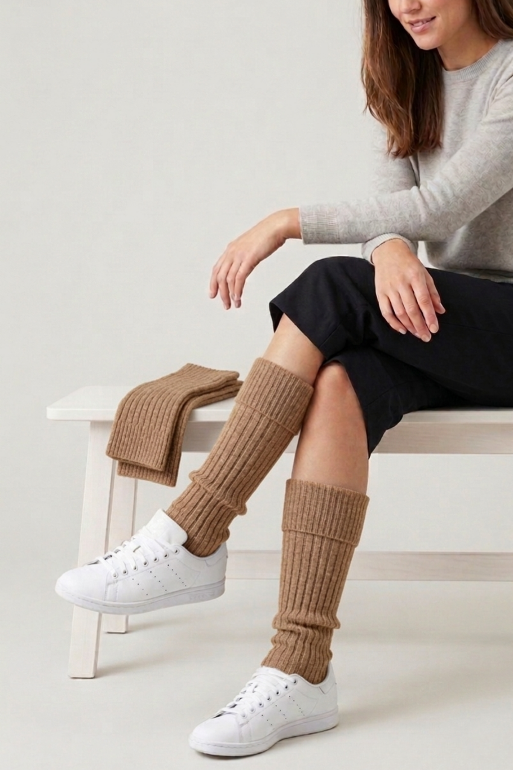 Tozluk Kadın Taş Rengi Kışlık Uzun Örgü Pamuklu Leg Warmer 1-Çift