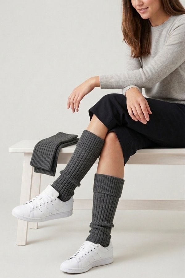 Tozluk Kadın Koyu Gri Esnek Triko Kışlık Diz Altı 1-Çift